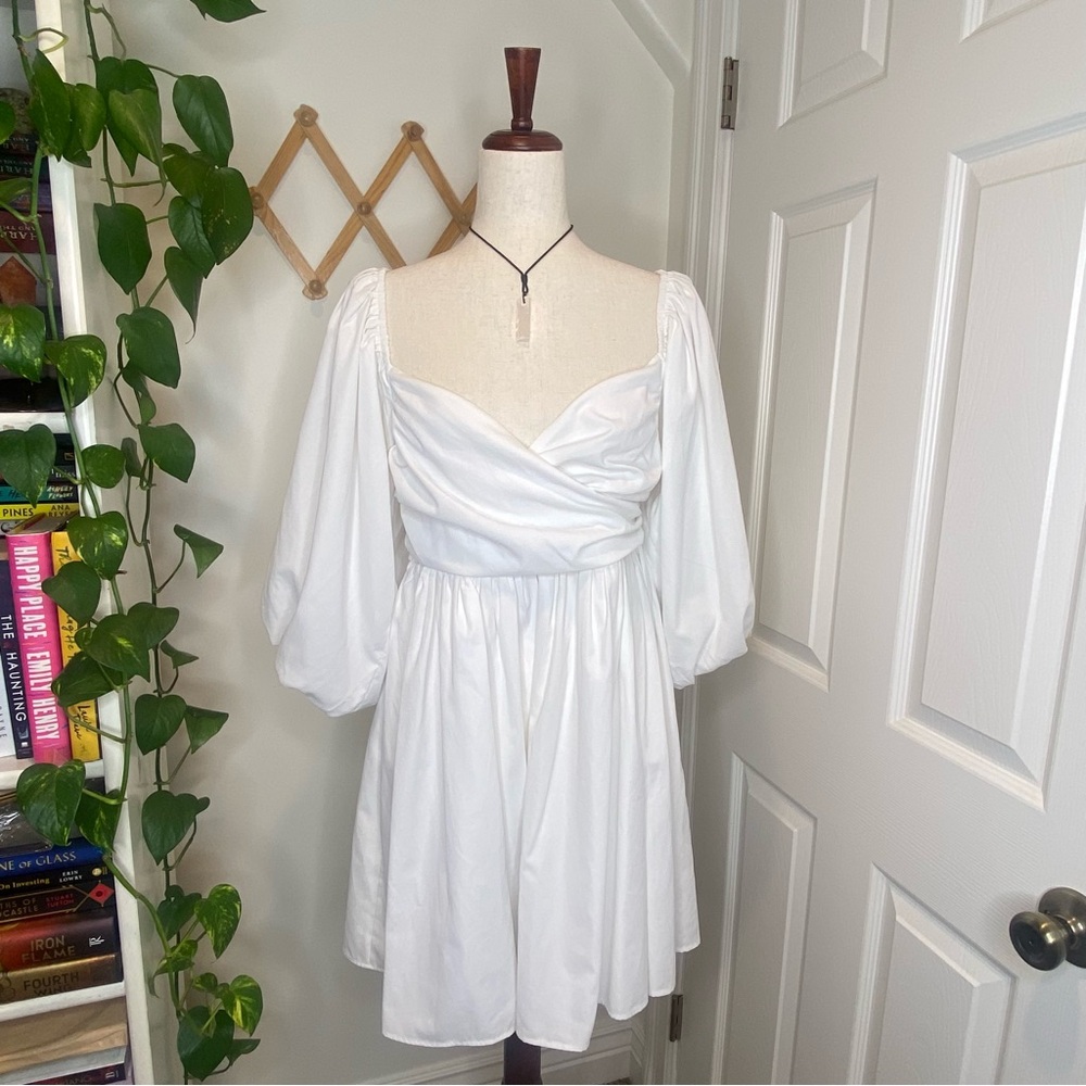 FORE Shirred Wrap-Effect Cotton Mini White Dress - Picture 2 of 12